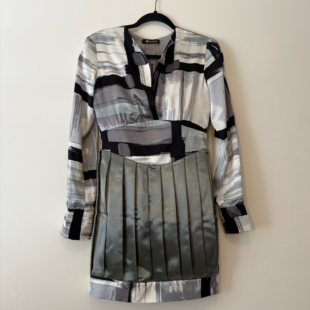 Silk Abstract Pleated Mini Dress Grey Small